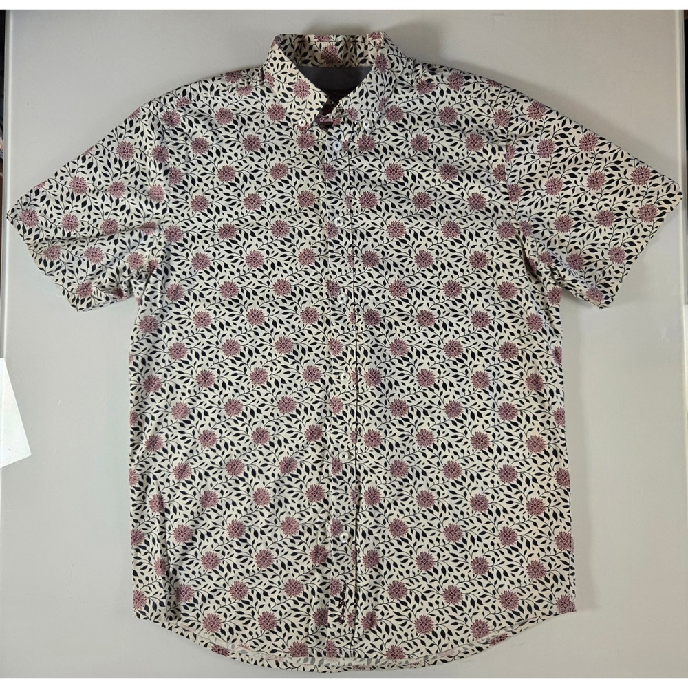 Ben Sherman Mens Floral Short Sleeve Button Down Shirt Cream Burgundy Size M
